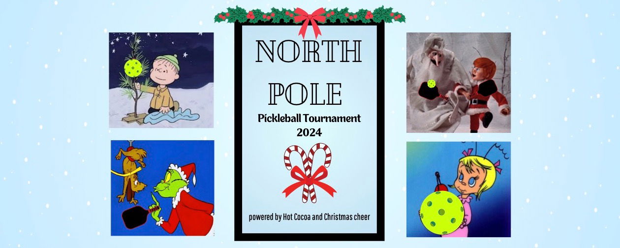 Variety of Christmas cartoon characters holding pickleball paddles and pickleballs.
