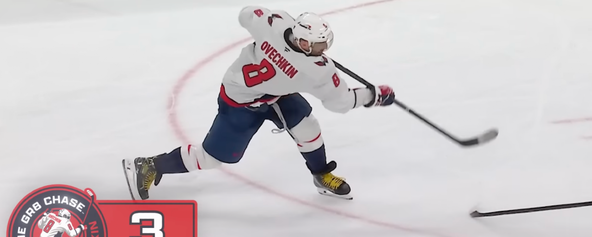 Alex Ovechkin shooting a puck.