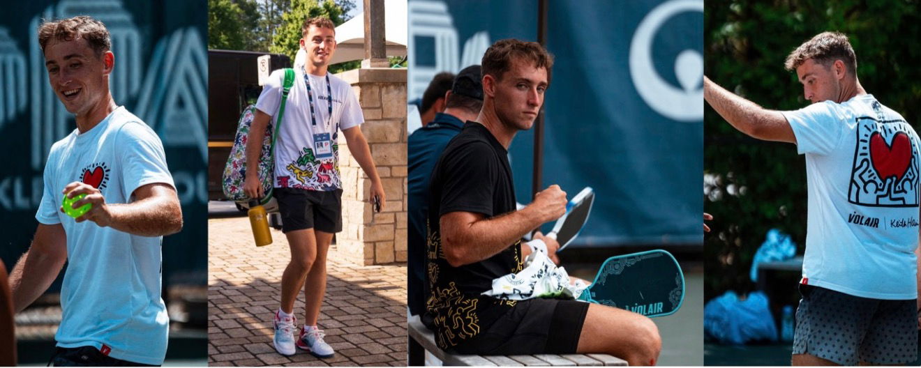 Four images of Dylan Frazier wearing Volair x Keith Haring shirts.