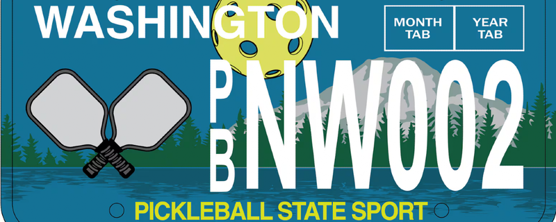 Blue license plate featuring a pickleball design.