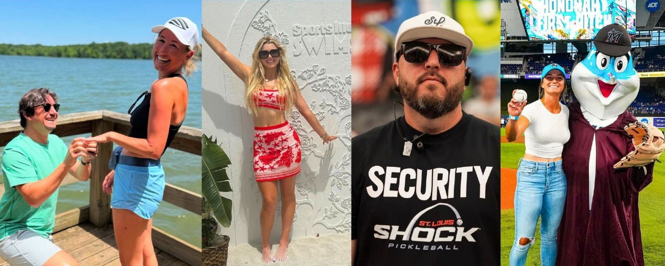 Collage of Julian Arnold and Lauren Stratman get engaged, Anna Leigh Waters attends Miami Swim Week, St. Louis Shock now has a security team, and Catherine Parenteau throws the first pitch.