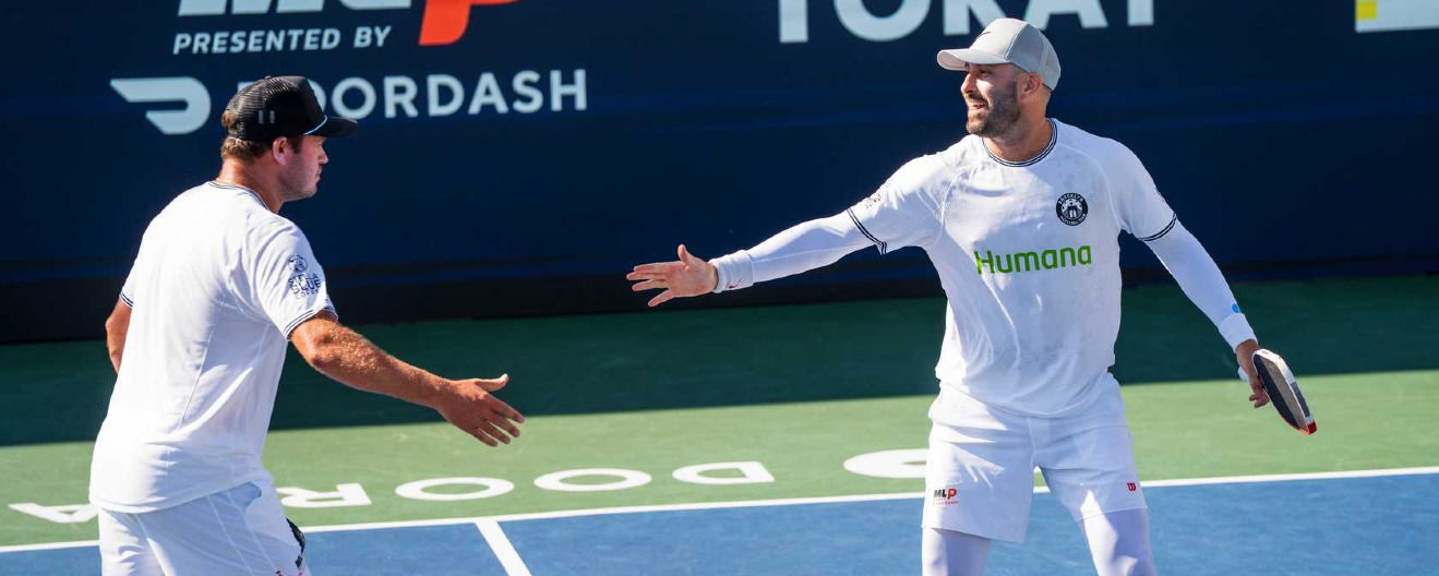 Rafa Hewett (left) and AJ Koller (right) celebrating a point for the Brooklyn Pickleball Team at Edward Jones MLP San Clemente.