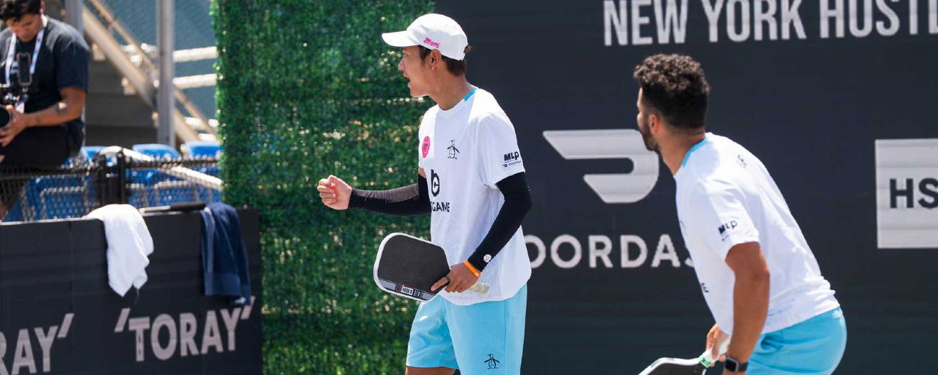 Yuta Funemizu and Noe Khlif celebrating a point for the Miami Pickleball Club at MLP New York.