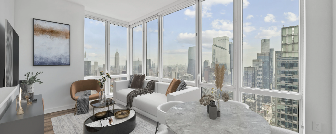 Riley Newman's apartment boasts amazing views.