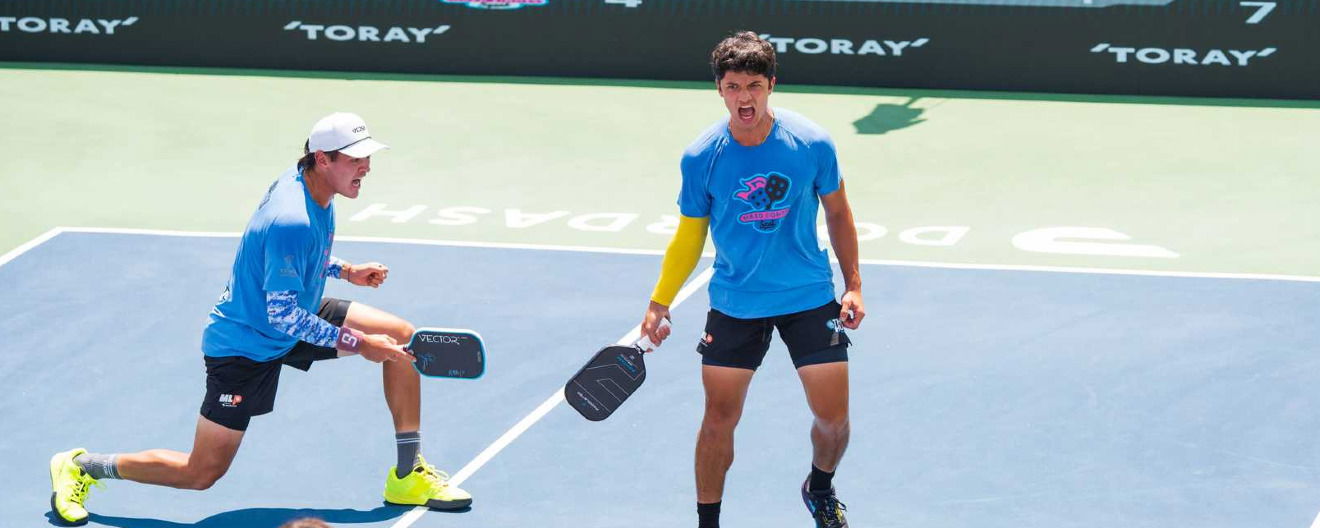 Blaine Hovenier and Ryan Fu celebrate a point for the SoCal Hard Eights at the MLP Mid-Season Tournament.