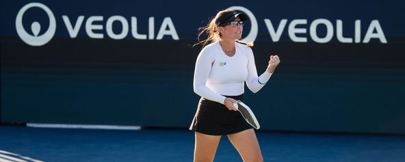 Rachel Rohrabacher celebrating a point at the Veolia Bristol Open.