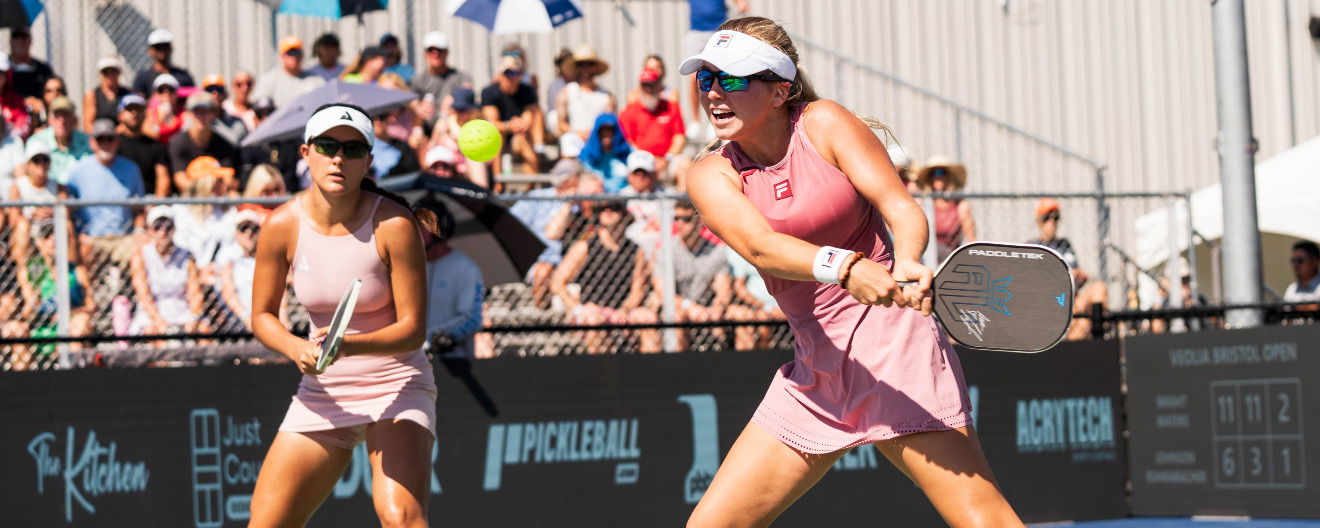 Anna Bright and Anna Leigh Waters competing in women's doubles at the Veolia Bristol Open.