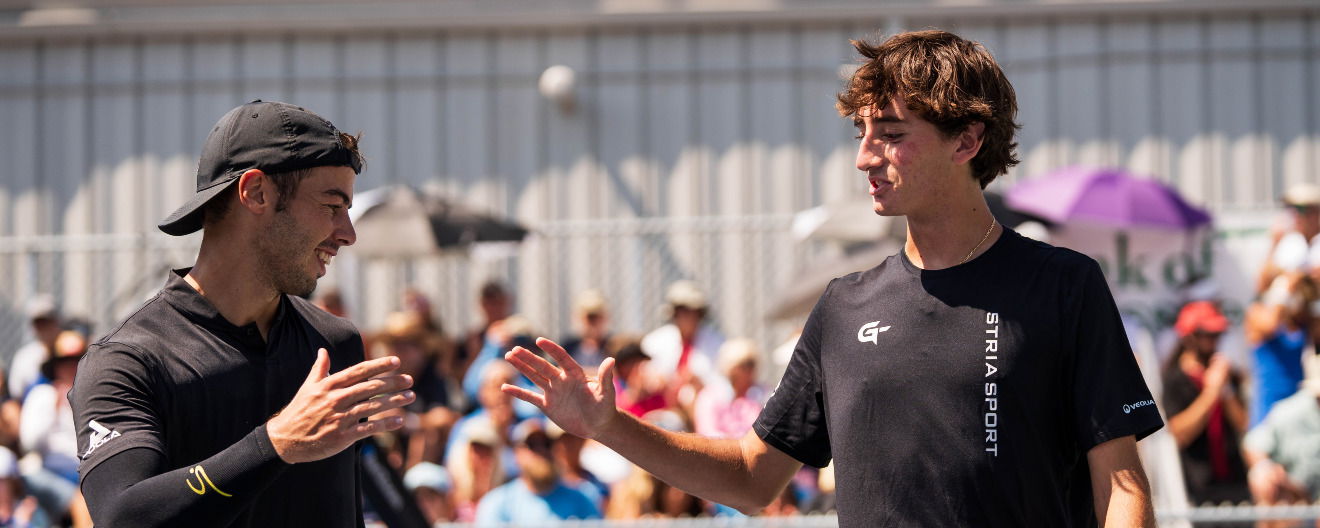 Ben Johns and Gabe Tardio celebrate their men's doubles title at the Veolia Bristol Open.