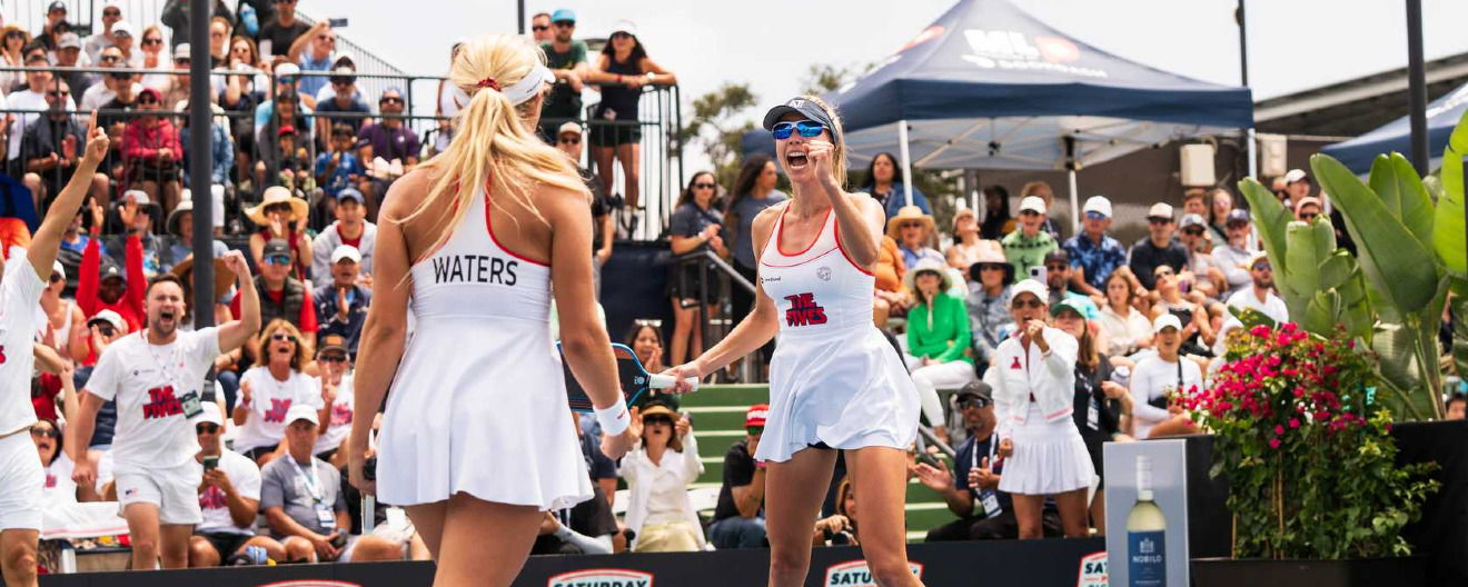Anna Leigh Waters and Meghan Dizon celebrating a victory for the New Jersey 5s at the Toray MLP Playoffs San Diego.
