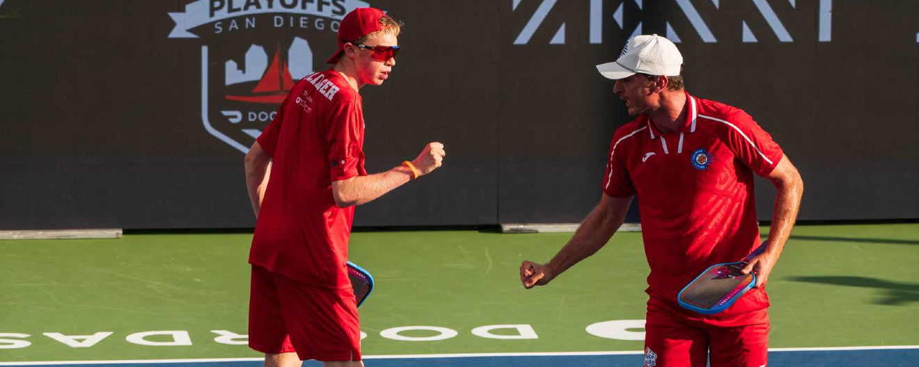 CJ Klinger and Andrei Daescu celebrating a point for the Columbus Sliders at the Toray MLP Playoffs San Diego.