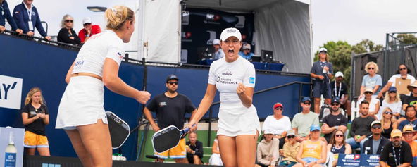 Kate Fahey and Anna Bright celebrate a point for the St. Louis Shock at the Toray MLP Playoffs in San Diego, CA.