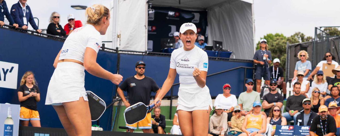 Kate Fahey and Anna Bright celebrate a point for the St. Louis Shock at the Toray MLP Playoffs in San Diego, CA.