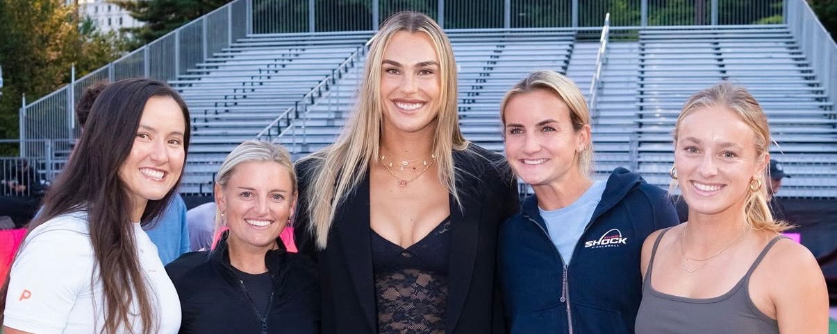 Pro pickleball players, Anna Bright, Olivia McMillan Kate Fahey, and Hannah Blatt pose with tennis star Aryna Sabalenka.