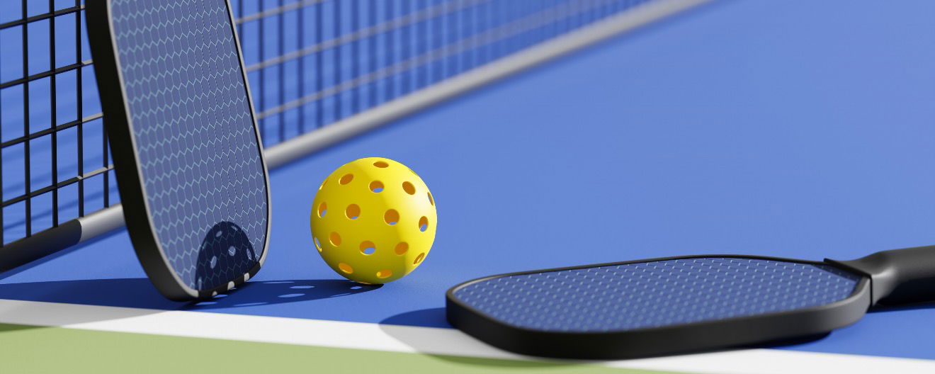 Pickleball paddles and a ball.