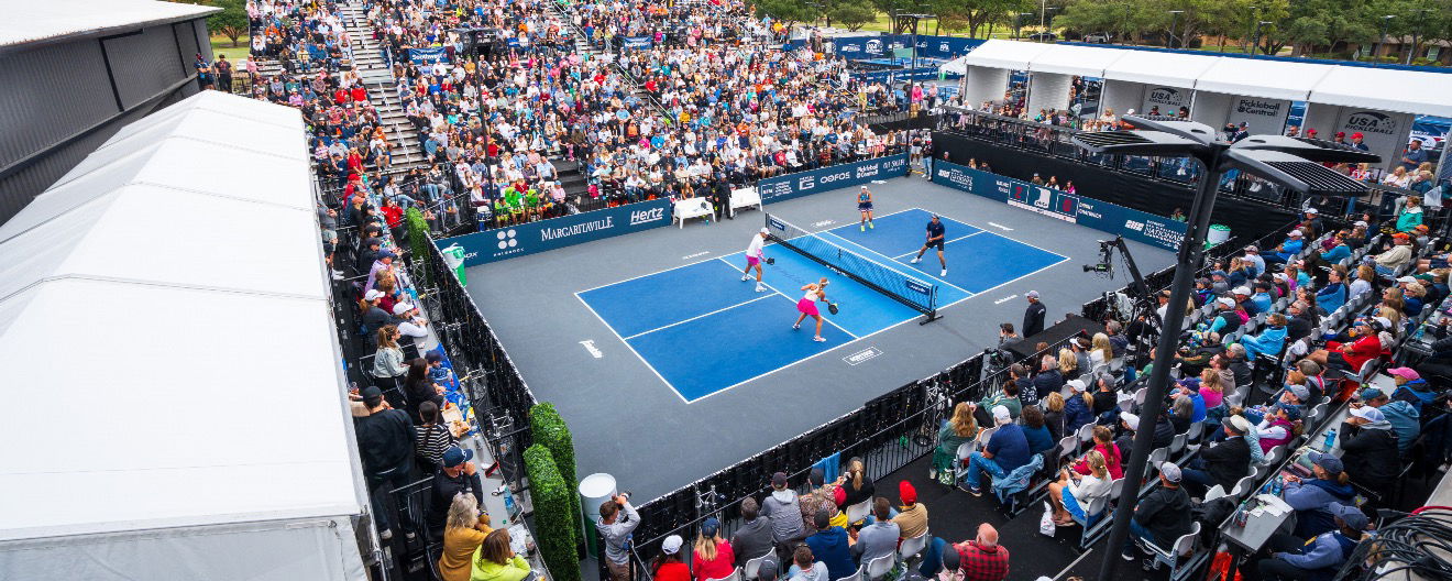 An overhead view of a pickleball court.