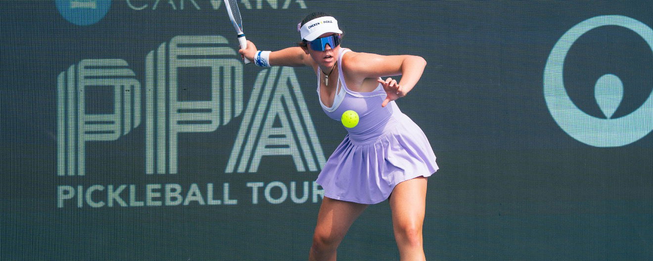 Jorja Johnson in a lavender pickleball dress.