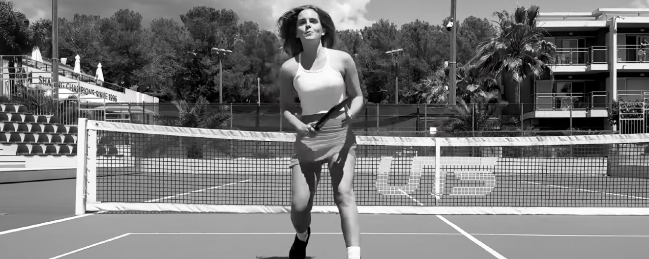 Actress Emma Watson on a pickleball court in France.