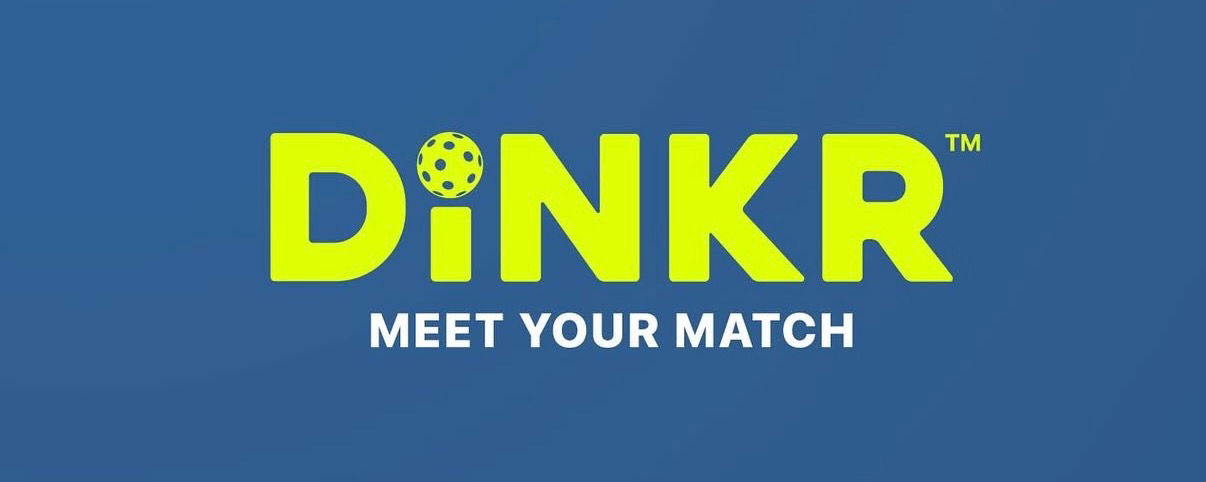 Blue background with neon green DiNKR logo with a pickleball.