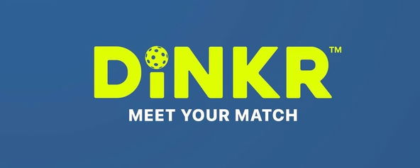 Blue background with neon green DiNKR logo with a pickleball.