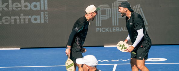 Brandon French and Jack Sock celebrating their victory at the Pickleball Central Sacramento Vintage Open.