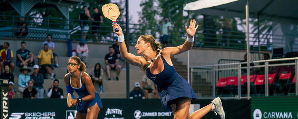 Callie Smith and Jessie Irvine competing at the Pickleball Central Sacramento Vintage Open.