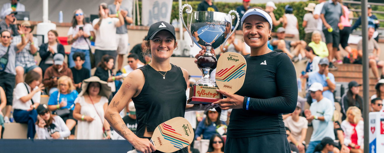 Lacy Schneemann and Etta Tuionetoa with their women's doubles trophy at the Pickleball Central Sacramento Vintage Open.