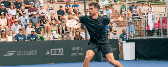 Federico Staksrud competing in the men's singles final at the Pickleball Central Sacramento Vintage Open.