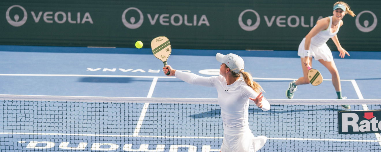 Kate Fahey and Genie Bouchard competing in the women's singles final at the Pickleball Central Sacramento Vintage Open.