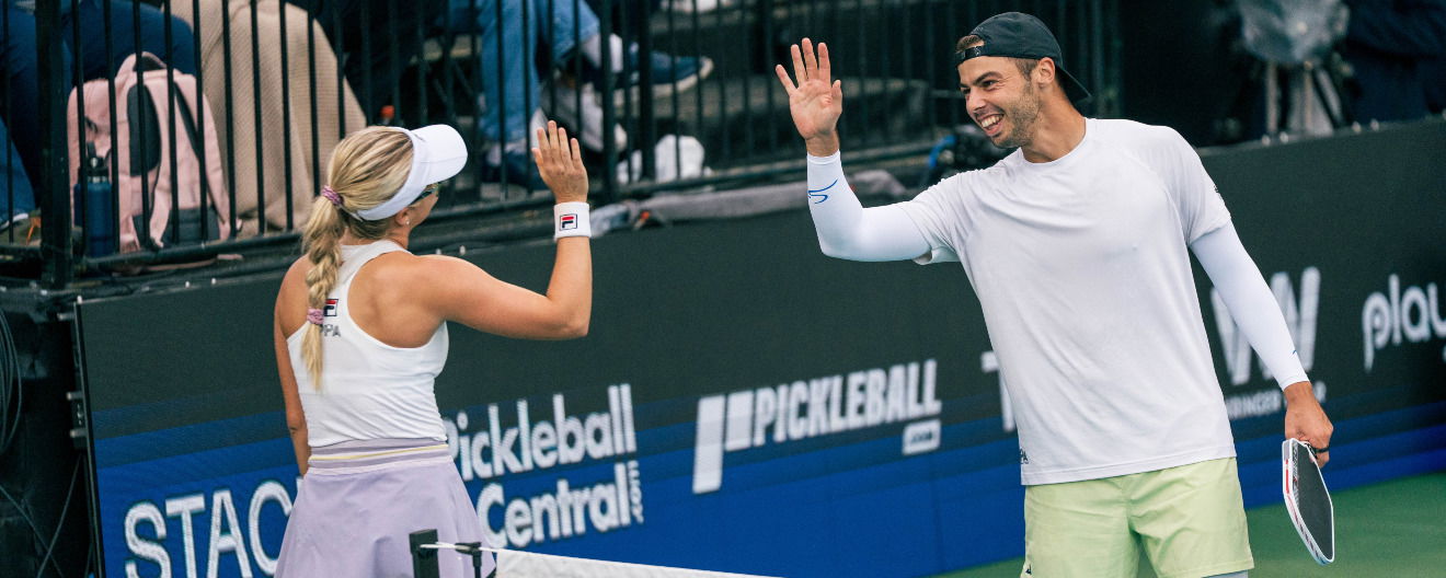 Anna Leigh Waters and Ben Johns celebrate their semifinal win at the Fasenra Virginia Beach Cup presented by JOOLA.