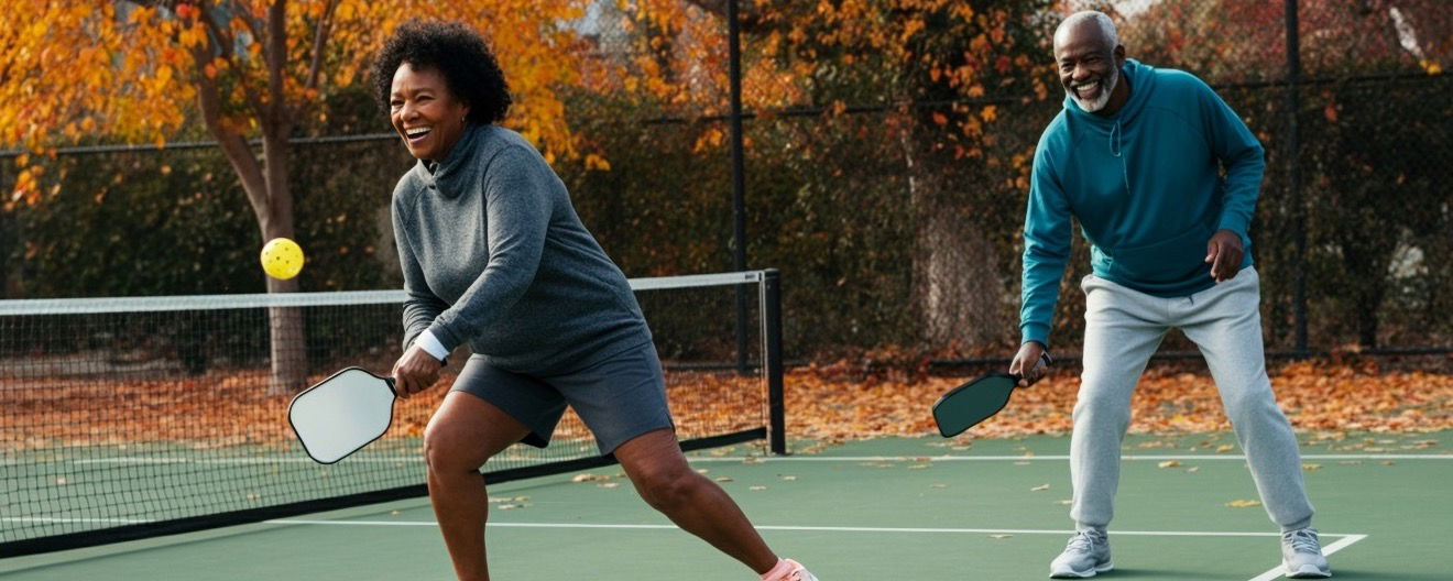 A couple smiling on a pickleball court.