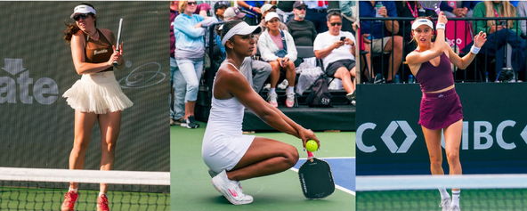 Jorja Johnson, Tyra Hurricane Black, and Parris Todd playing pickleball.