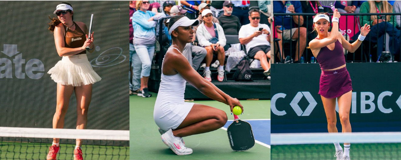 Jorja Johnson, Tyra Hurricane Black, and Parris Todd playing pickleball.
