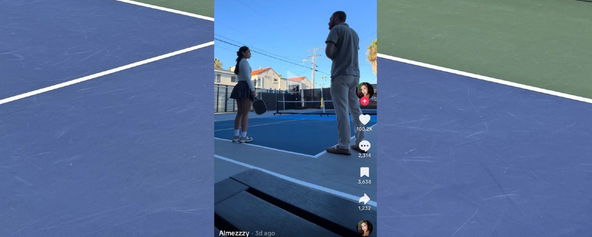TikTok screenshot of a woman talking to a man on the pickleball court.