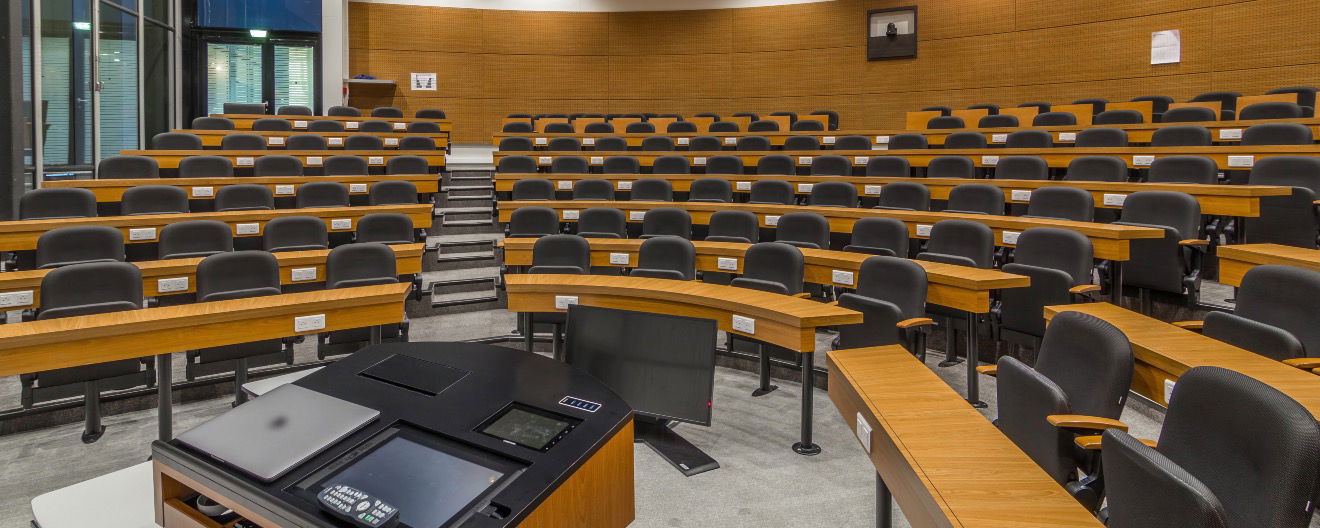 An empty college classroom.