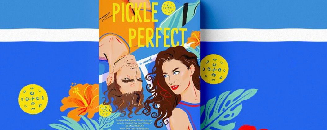 Cartoon book cover featuring two people looking at each other, lying on a pickleball court.