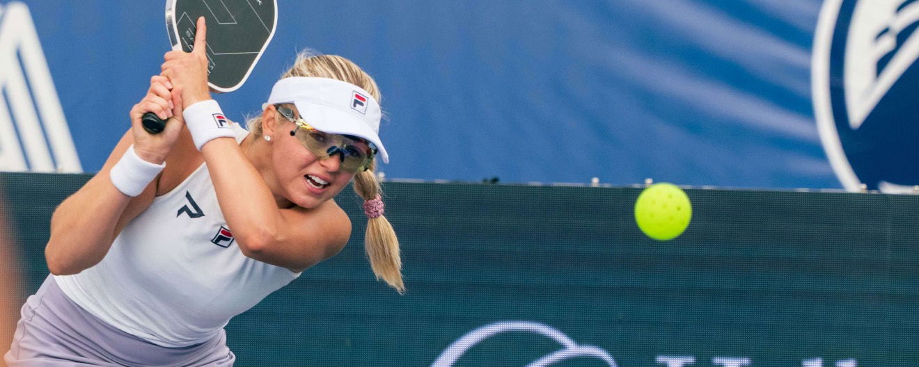 Waters playing pro pickleball and wearing Pilla eyewear