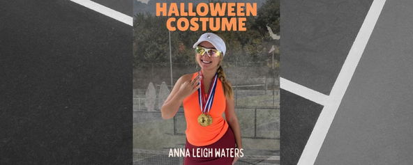 Woman dressed in orange tank top, red fitted skirt, white visor, bright colored sport sunglasses, and medals.