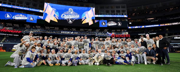The Los Angeles Dodgers celebrate winning the World Series in Toronto.