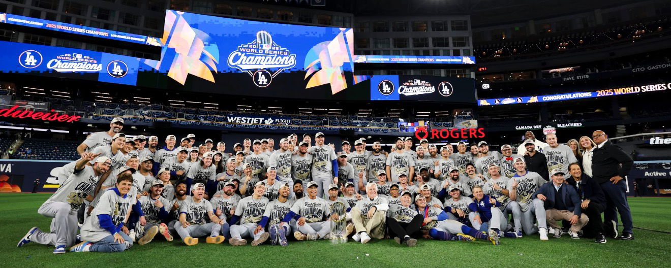 The Los Angeles Dodgers celebrate winning the World Series in Toronto.