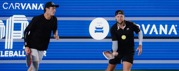 Blaine Hovenier and Jack Sock competing in men's doubles at the Jenius Bank Pickleball World Championships.