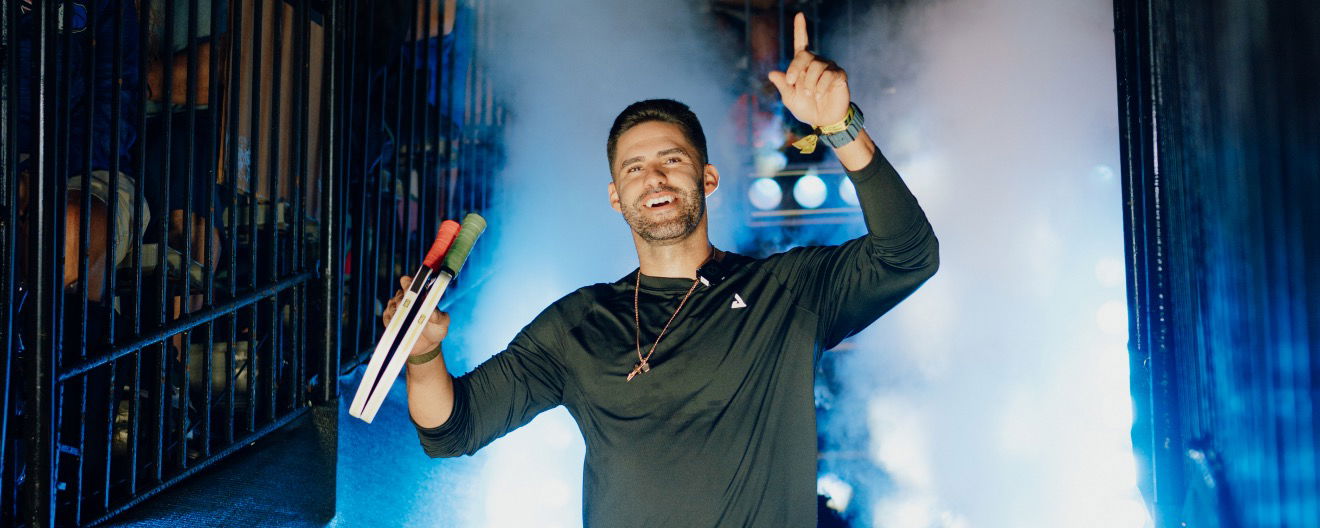 J.D. Martinez entering Championship Court for the Celebrity Pickleball Showdown.