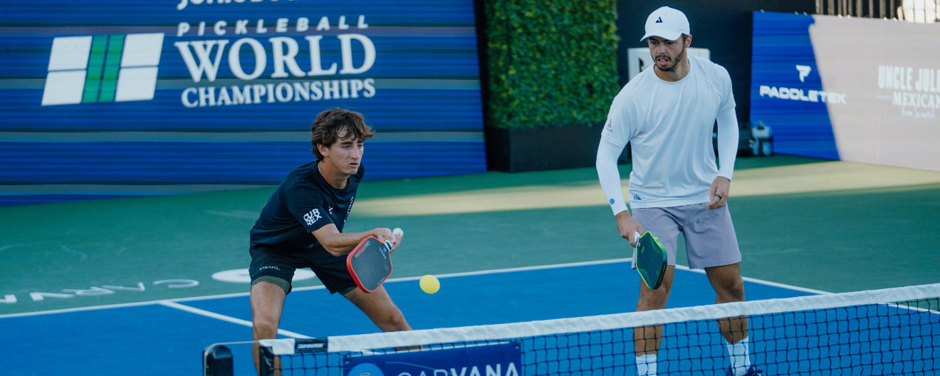 Gabe Tardio (L) and Ben Johns (R) competing in men's doubles at the Jenius Bank Pickleball World Championships.