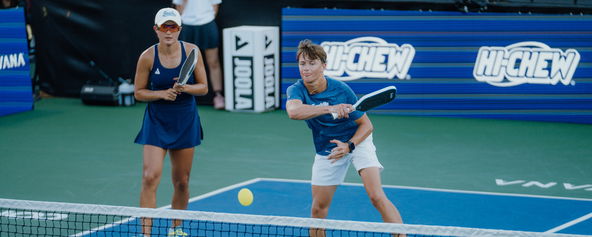 Anna Bright and Hayden Patriquin competing in mixed doubles at the Jenius Bank Pickleball World Championships.
