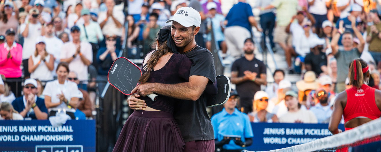 Jorja Johnson and JW Johnson celebrating their semifinal victory at the Jenius Bank Picklebal World Championships.