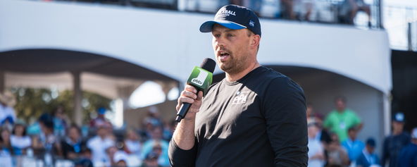 Connor Pardoe addresses the fans on Natures Choice Championship Court.
