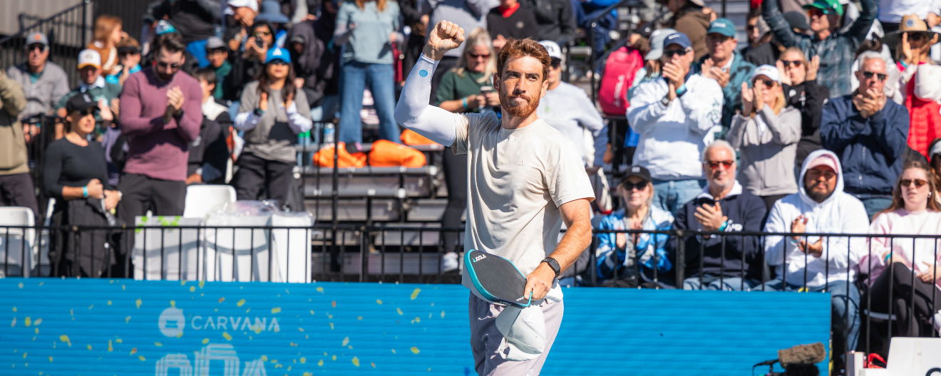 Federico Staksrud celebraing his men's singles title at the Jenius Bank Pickleball World Championships.
