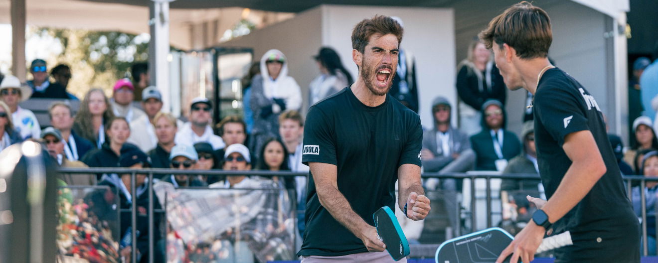 Federico Staksrud and Hayden Patriquin celebrating their men's doubles title at the Jenius Bank Pickleball World Championships.