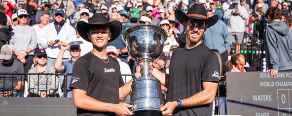 Hayden Patriquin and Federico Staksrud celebrate their men's doubles title at Brookhaven Country Club.