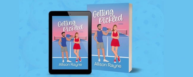 Blue book cover with two people standing on a pickleball court 