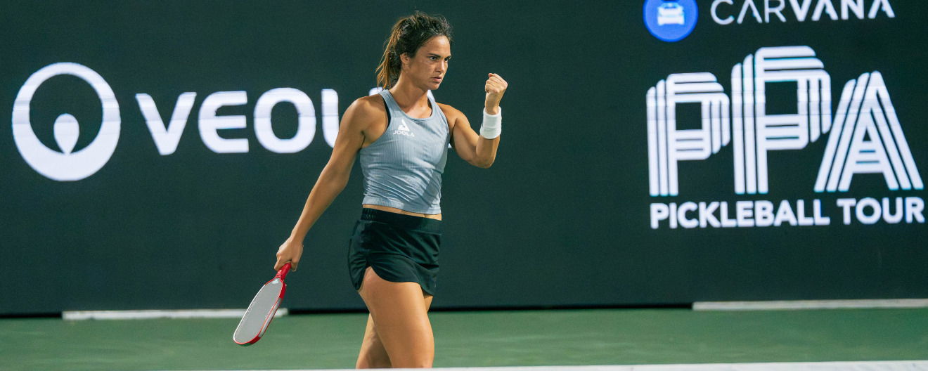 Lea Jansen celebrating a point at the Veolia Lakeland Open presented by Six Zero.